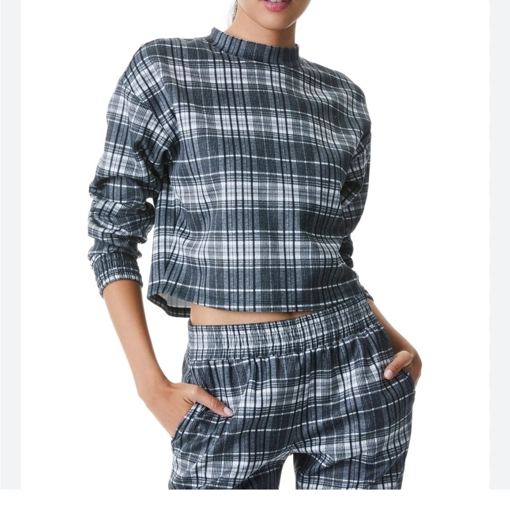 Alice and Olivia Classics Leslie Charcoal Plaid Top Cropped Swestshirt Size L